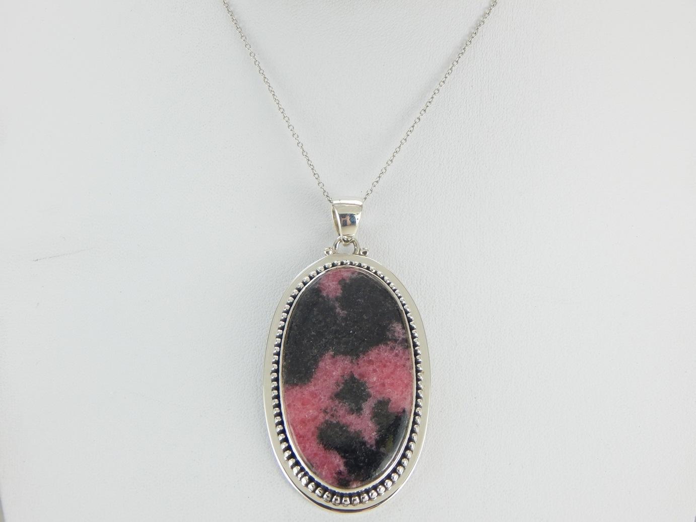 Large Rhodonite Sterling Silver Oval Pendant