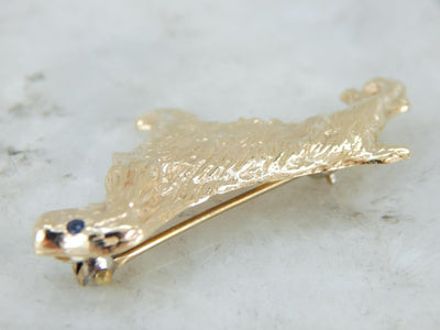 Detailed Show Dog Brooch with Sapphire Accent in Yellow Gold
