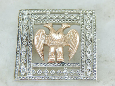 Incredible Art Deco Brooch in Sterling and Marcasite with Rose Gold Double Eagle Center