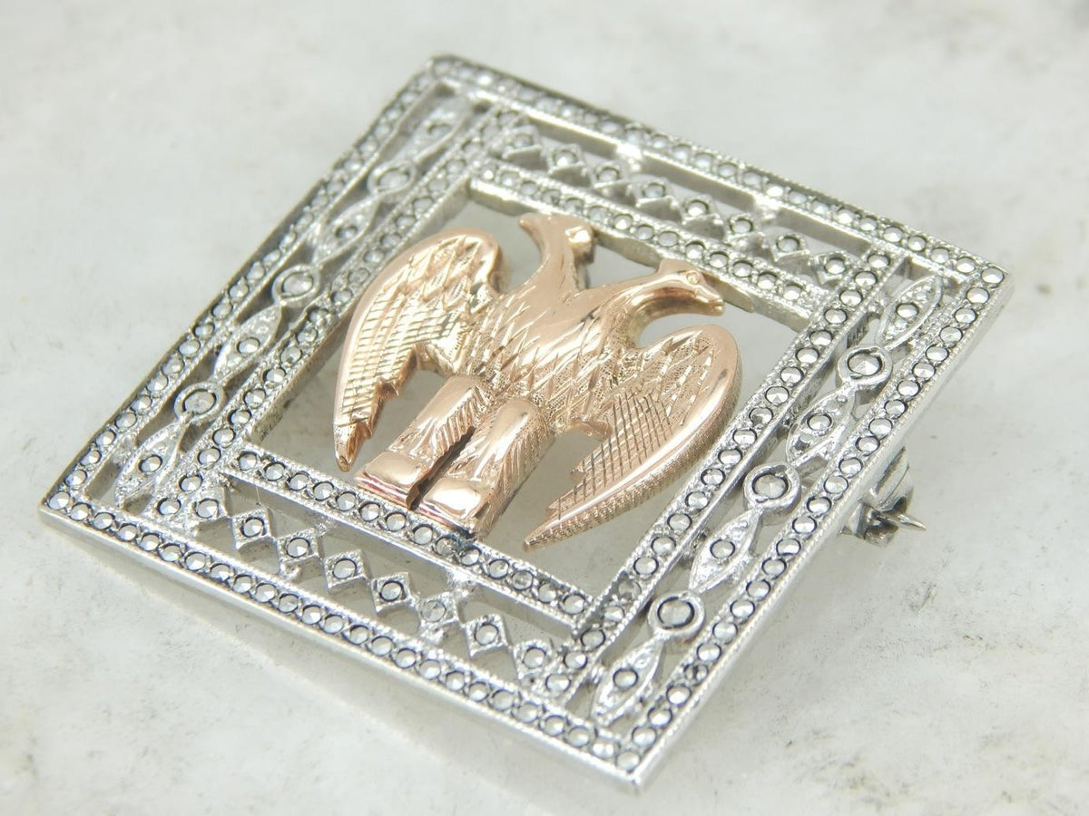 Incredible Art Deco Brooch in Sterling and Marcasite with Rose Gold Double Eagle Center