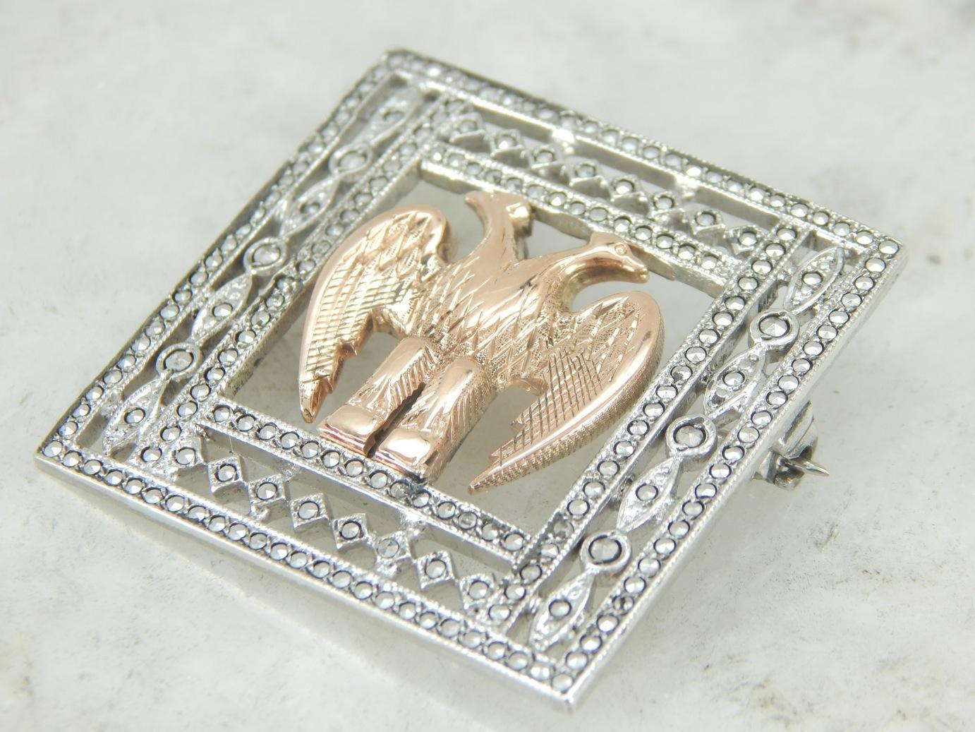 Incredible Art Deco Brooch in Sterling and Marcasite with Rose Gold Double Eagle Center