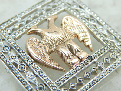 Incredible Art Deco Brooch in Sterling and Marcasite with Rose Gold Double Eagle Center