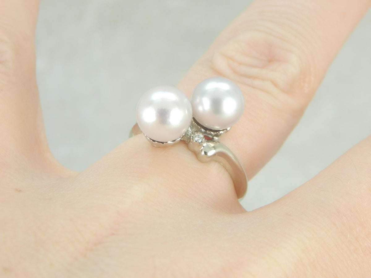 Bridal Pearl Bypass Ring with Sparkling Diamond Accents