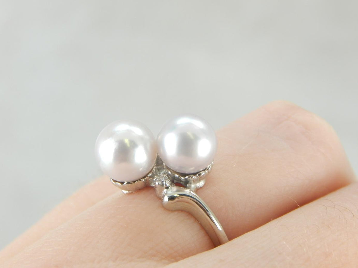 Bridal Pearl Bypass Ring with Sparkling Diamond Accents