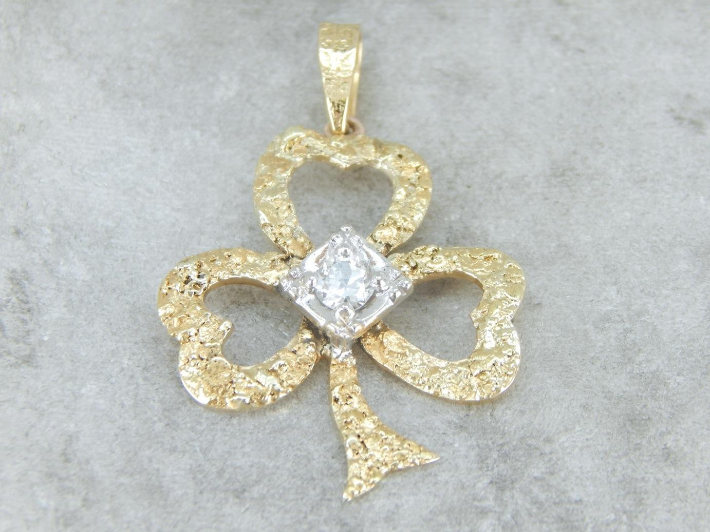 Textured Gold and Diamond Clover Pendant