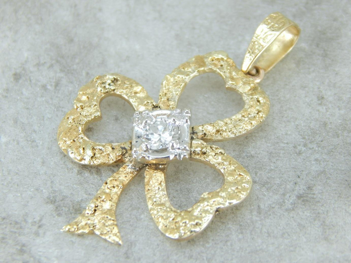 Textured Gold and Diamond Clover Pendant