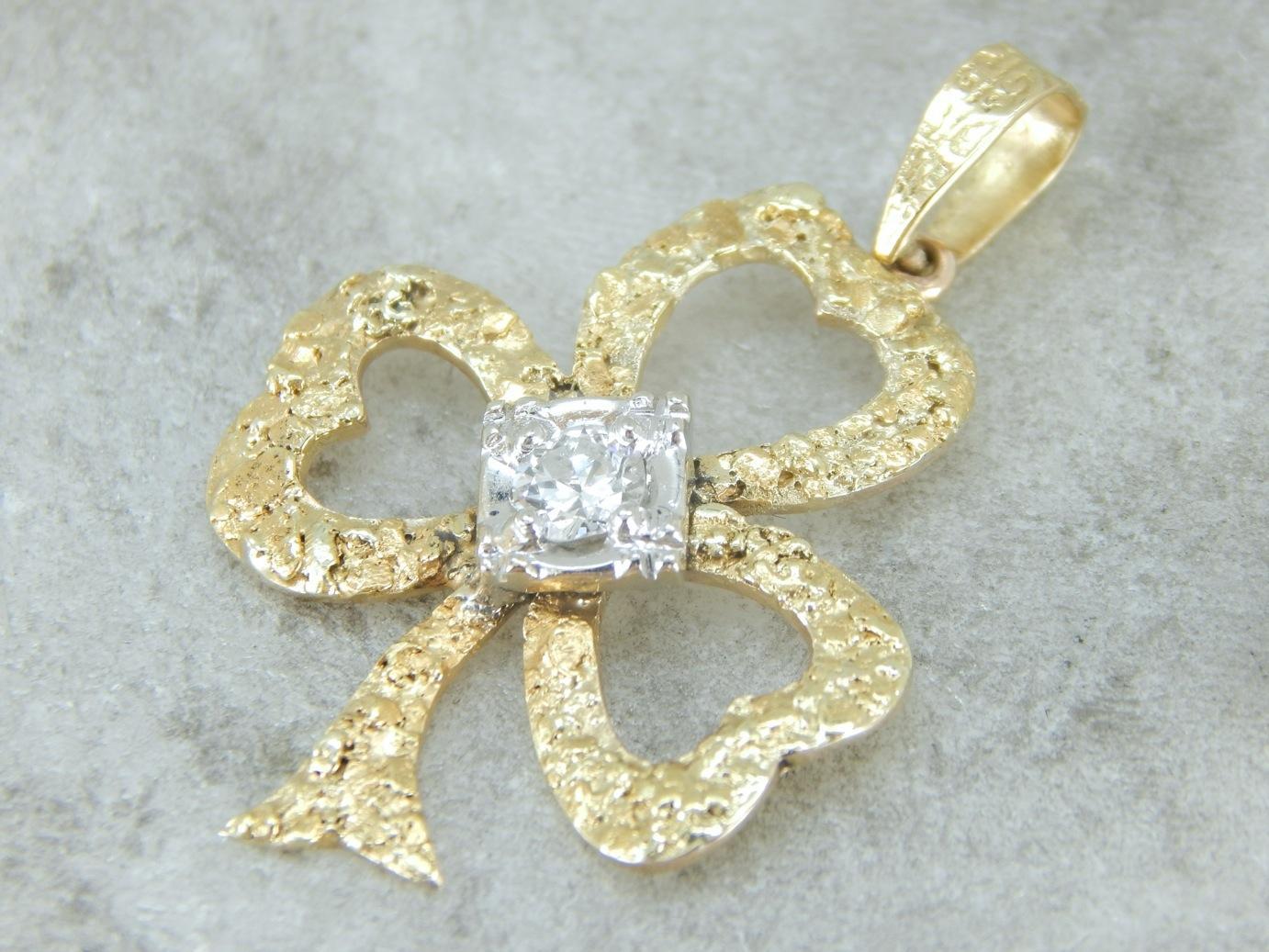 Textured Gold and Diamond Clover Pendant