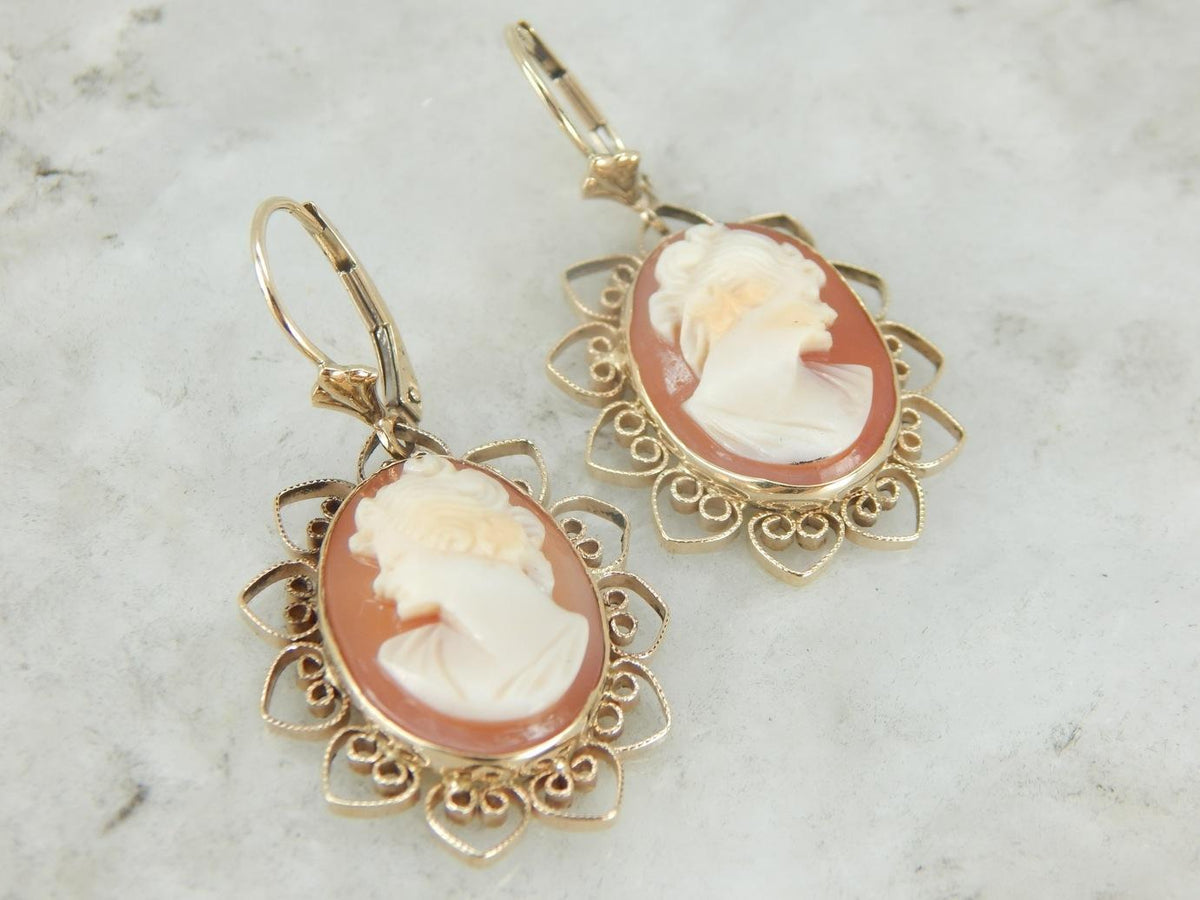 Retro Era Filigree Framed Cameo Earrings