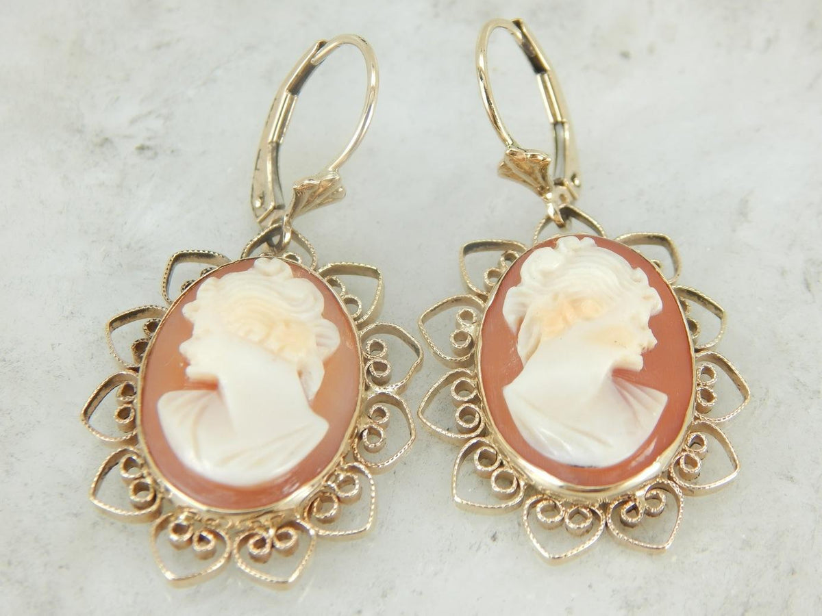 Retro Era Filigree Framed Cameo Earrings