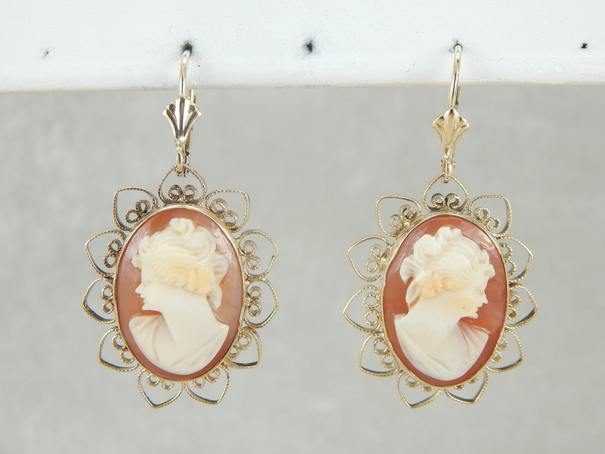 Retro Era Filigree Framed Cameo Earrings