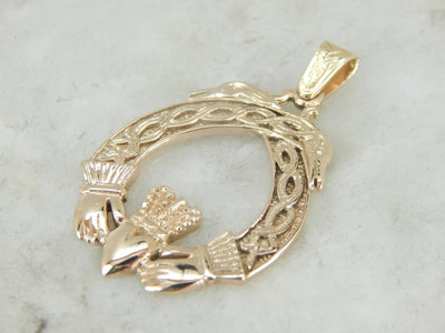 Claddagh Wreath Pendant with Bird and Celtic Knot Details