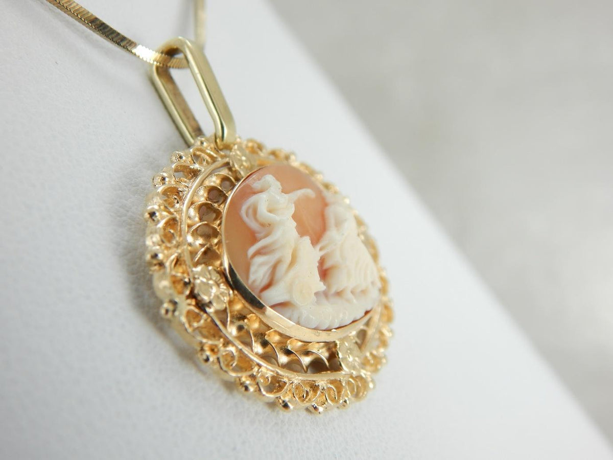 Chariot of the Gods, Carved Cameo Pendant in Ornate Frame