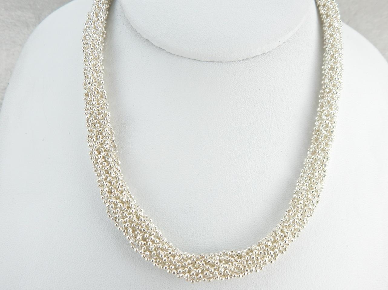 Clean and Modern Woven Beaded Sterling Silver Necklace