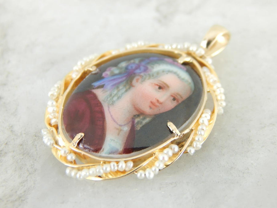 Noble Women, Painted Enamel and Pearl Pendant