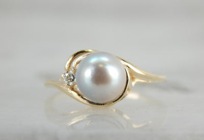 Grey Pearl and Diamond, Solitaire Bypass Cocktail Ring