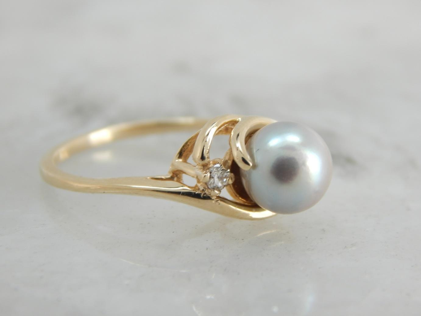 Grey Pearl and Diamond, Solitaire Bypass Cocktail Ring
