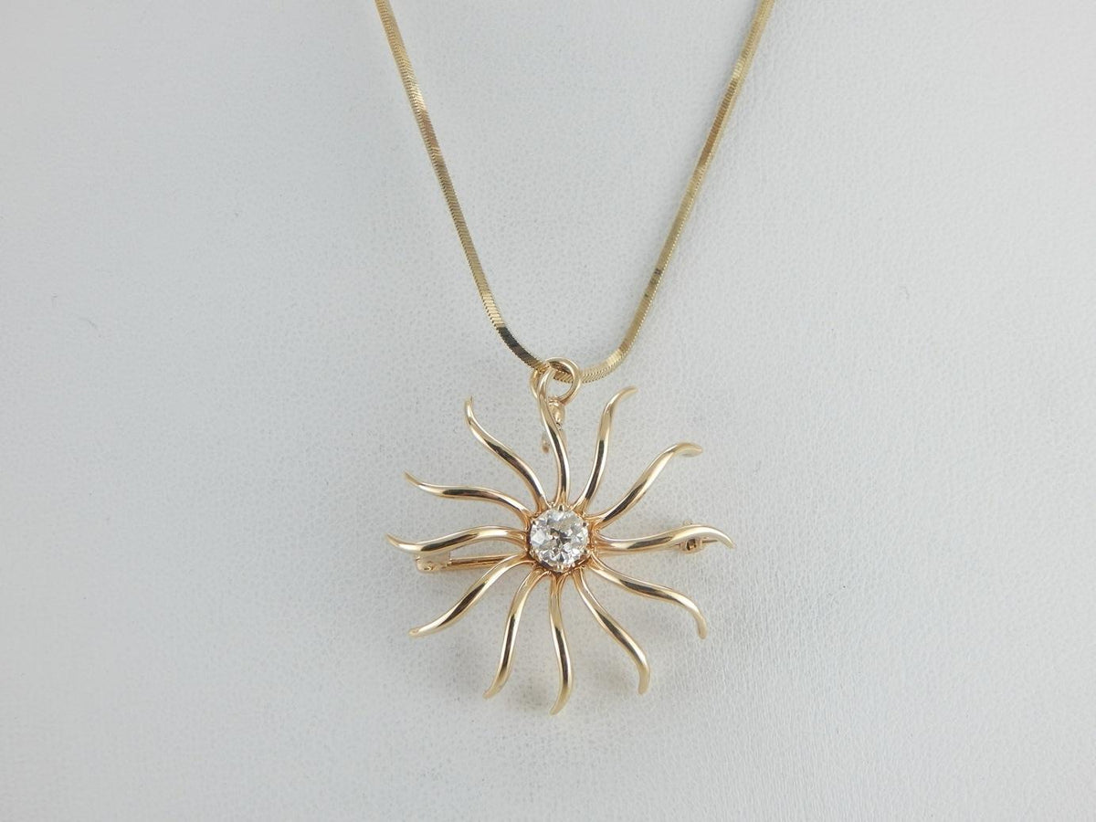 Diamond Sun Pendant or Brooch in Yellow Gold