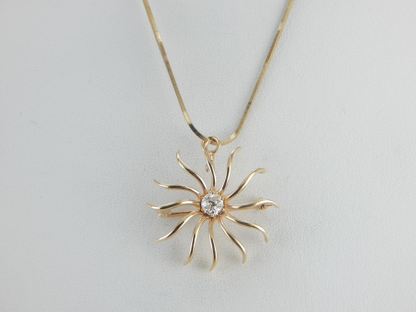 Diamond Sun Pendant or Brooch in Yellow Gold
