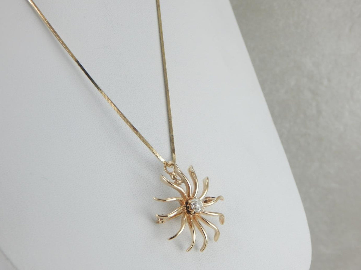 Diamond Sun Pendant or Brooch in Yellow Gold