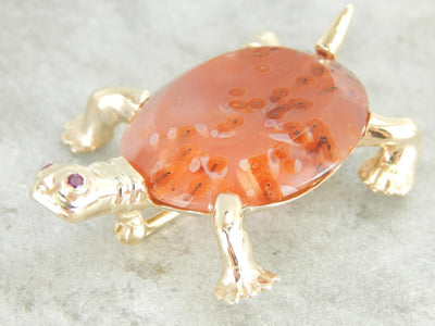 Orange Agate Turtle Gold Brooch