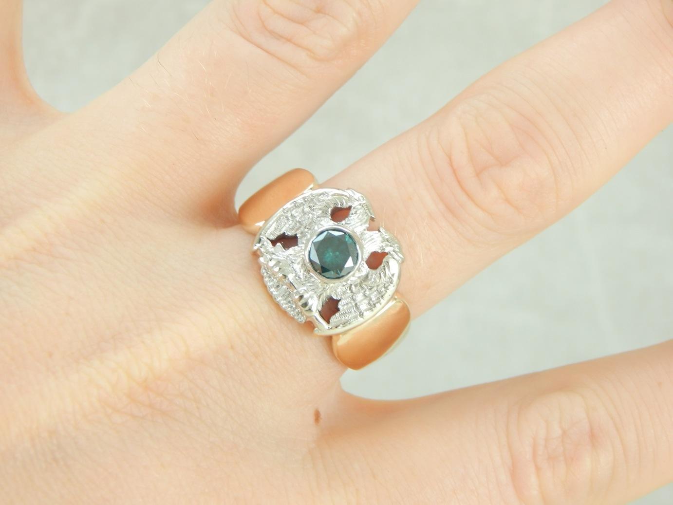 Masonic Double Head Eagle Ring with Blue Diamond Center