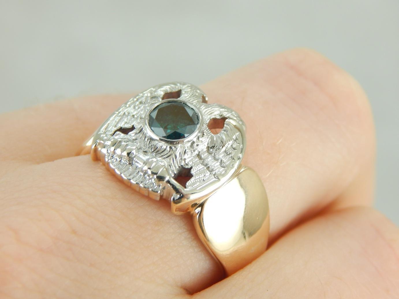 Masonic Double Head Eagle Ring with Blue Diamond Center