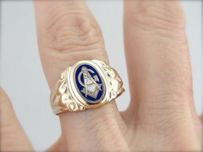 Classic Signet with Gold and Blue Enamel Masonic Ring