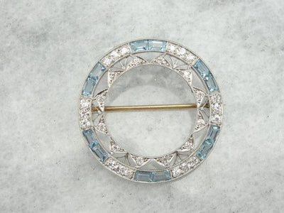 Edwardian Platinum Pin with Diamonds & Aquamarines