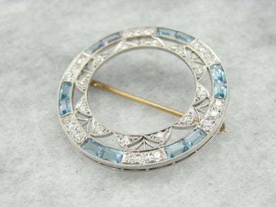 Edwardian Platinum Pin with Diamonds & Aquamarines