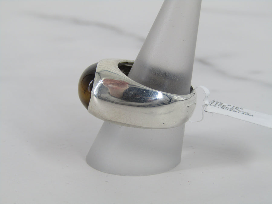Wide Silver Band Ring With Tiger's Eye Center