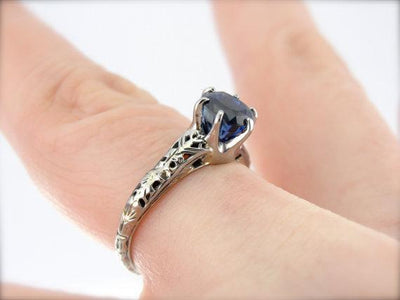 Art Deco Sapphire White Gold Filigree Engagement Ring