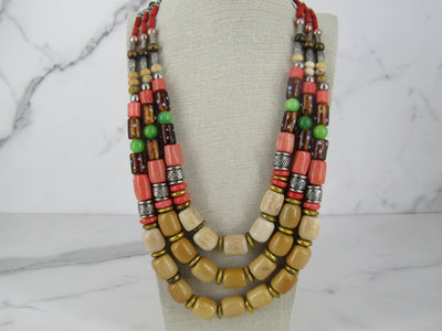 Coral And Glass Wood Beaded Necklace