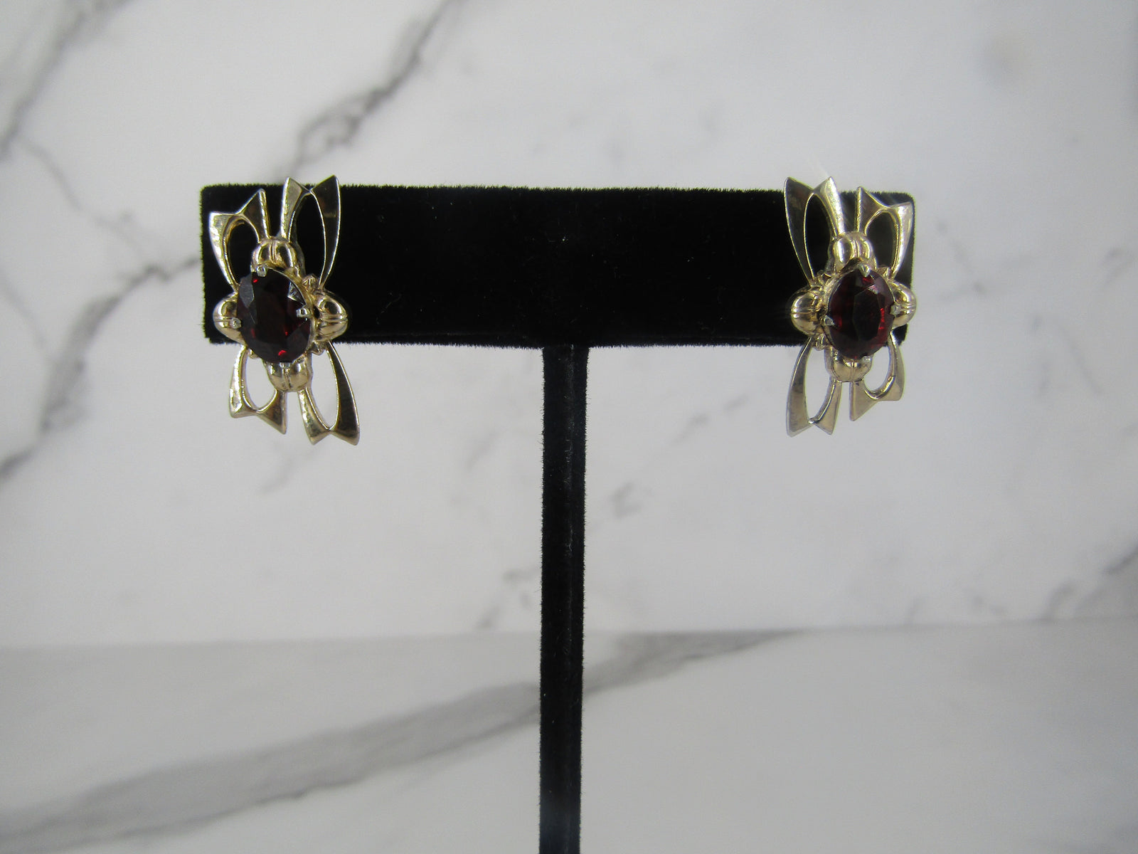Gold Plated Openwork Studs with Garnet Center Stone