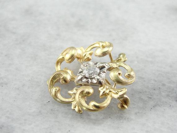 14K Gold Love Knot, Victorian Diamond Brooch