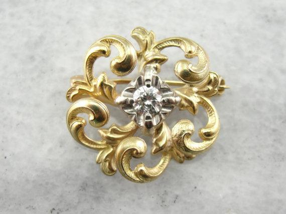 14K Gold Love Knot, Victorian Diamond Brooch