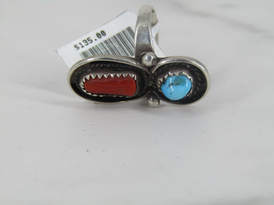 Silver Navajo Ring With Coral And Turquoise Accents