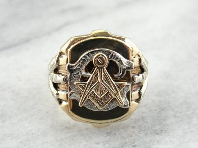 Yellow Gold Textured Top, Ornate Masonic  Ring