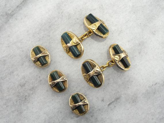 green emerald velvet dress Vintage 18K Yellow Gold Diamond Cufflink & Stud Set