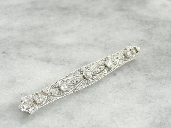 Antique Platinum Bar Pin with Diamonds and Exquisite Workmanship