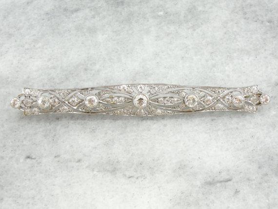 Antique Platinum Bar Pin with Diamonds and Exquisite Workmanship