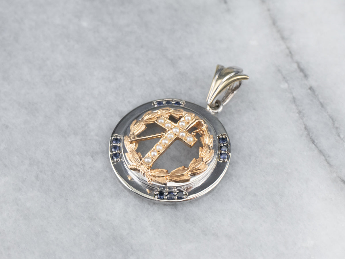 Seed Pearl and Sapphire Cross Pendant