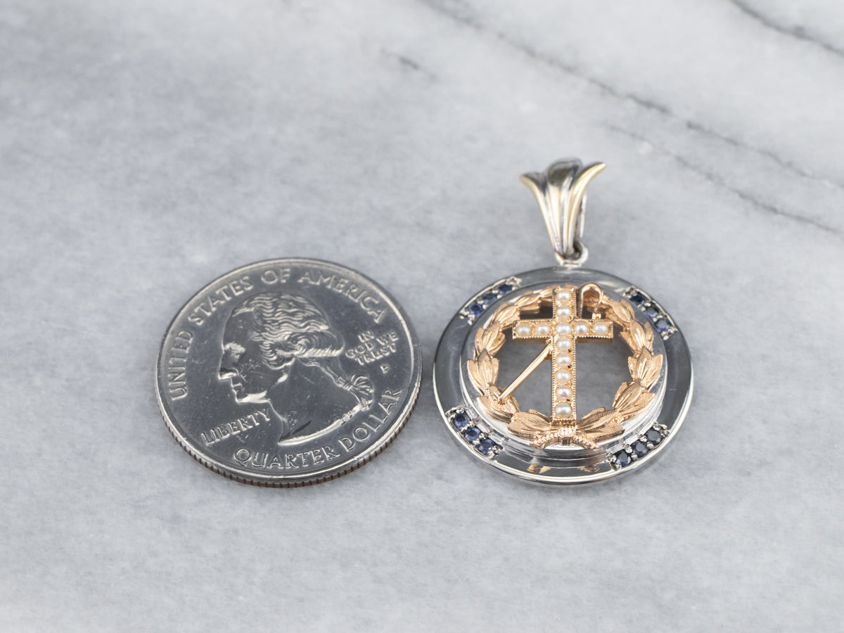 Seed Pearl and Sapphire Cross Pendant