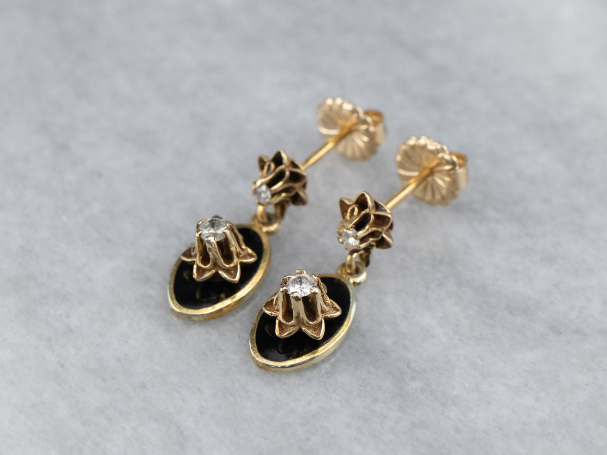 Buttercup Diamond Black Enamel Drop Earrings