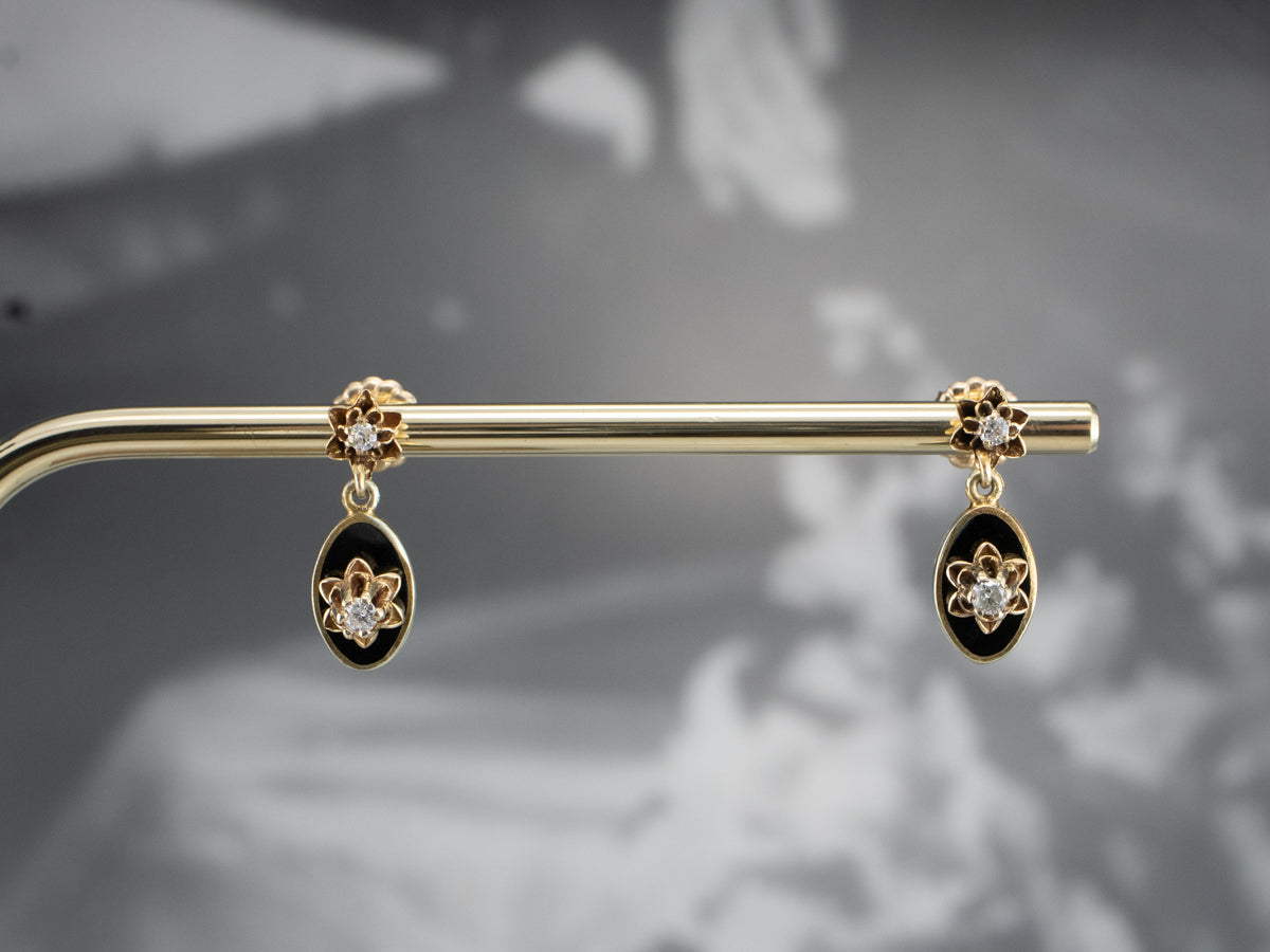 Buttercup Diamond Black Enamel Drop Earrings