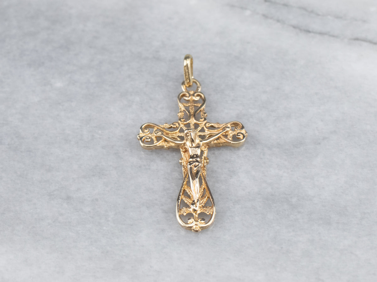 Yellow Gold Filigree Crucifix Pendant