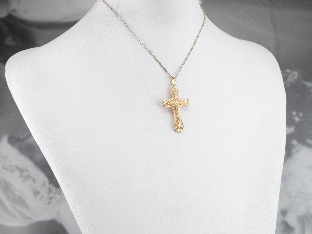Yellow Gold Filigree Crucifix Pendant