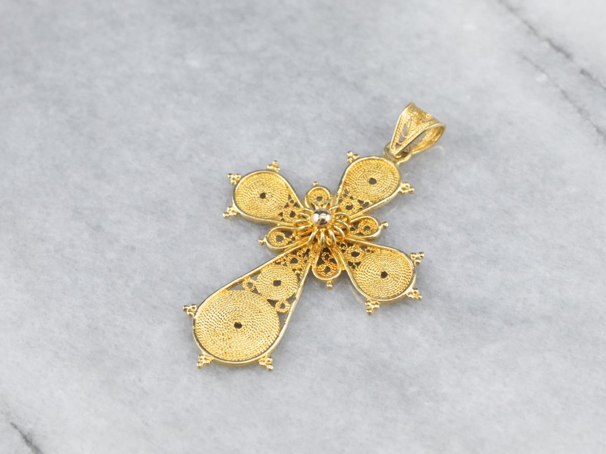 Ornate 18 Karat Gold Filigree Cross