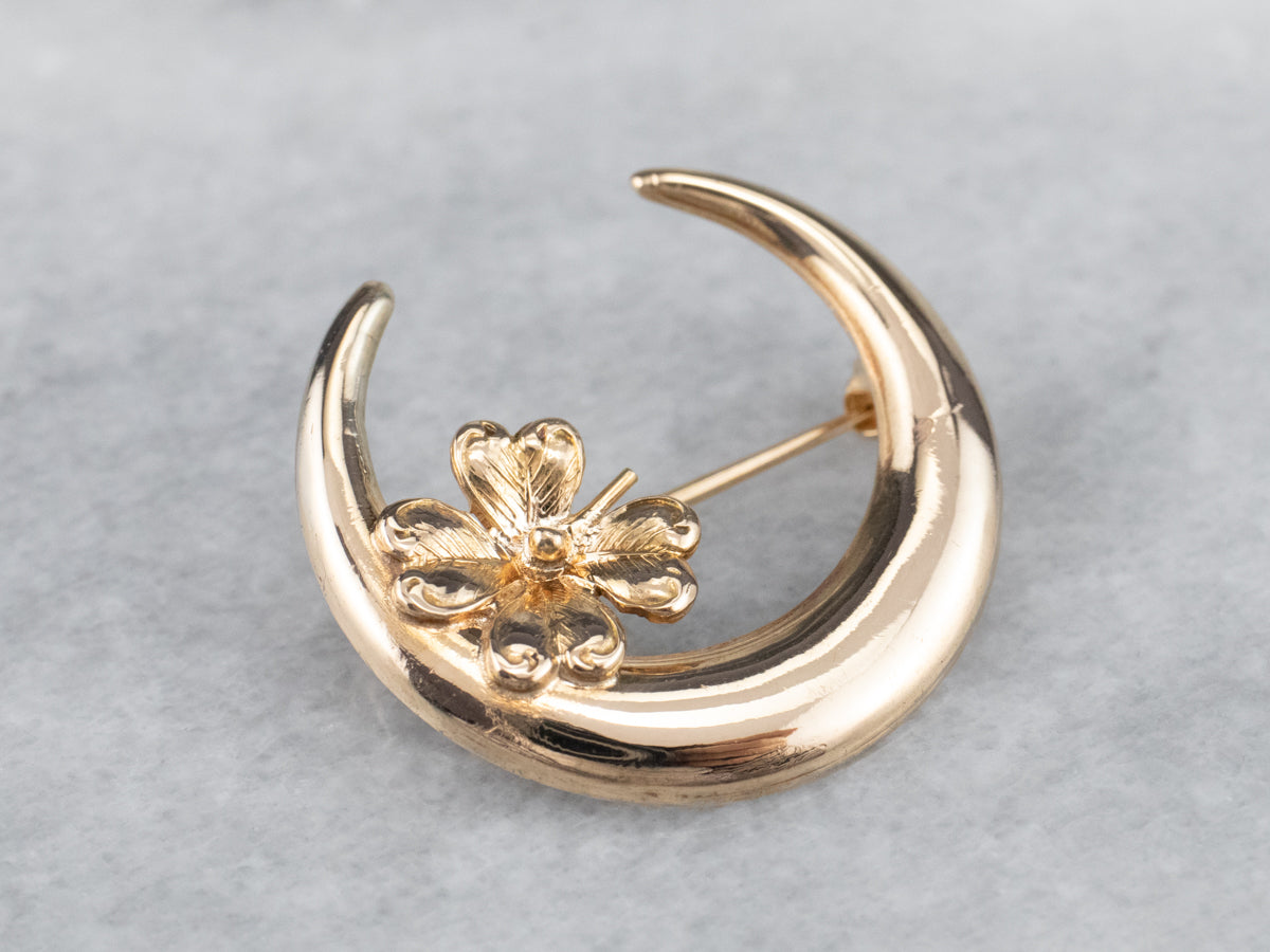 Art Nouveau Crescent Clover Moon Brooch