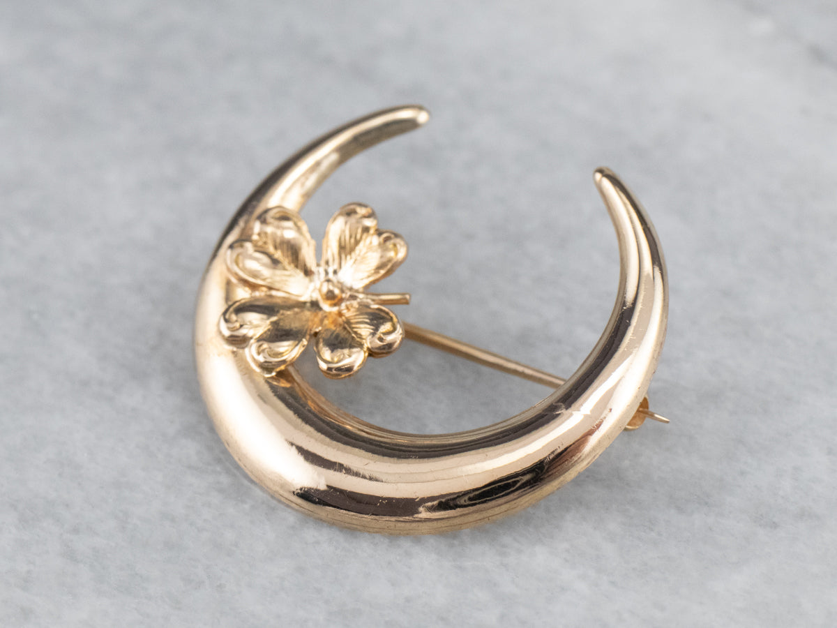 Art Nouveau Crescent Clover Moon Brooch