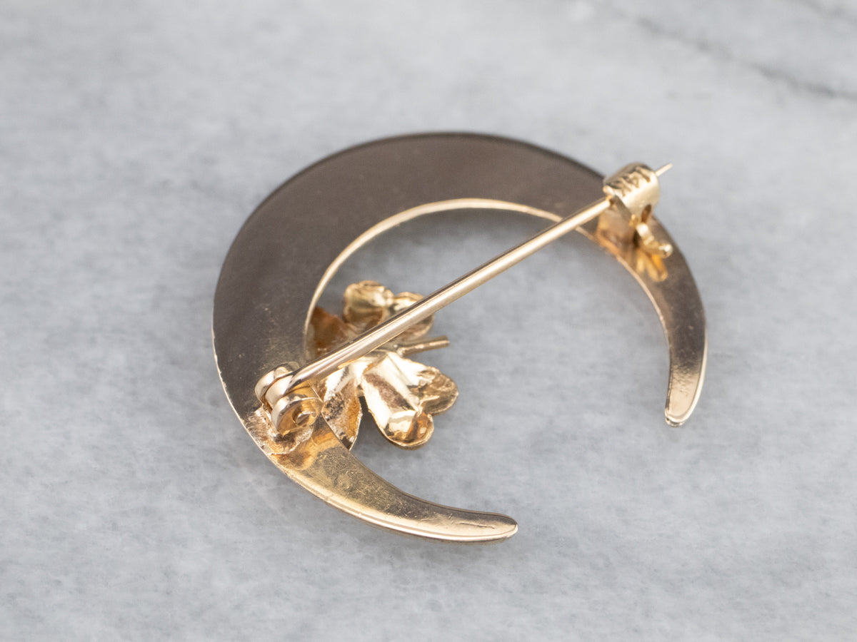 Art Nouveau Crescent Clover Moon Brooch